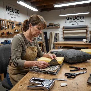 Designer reviewing upholstery fabric swatches with cushion sample