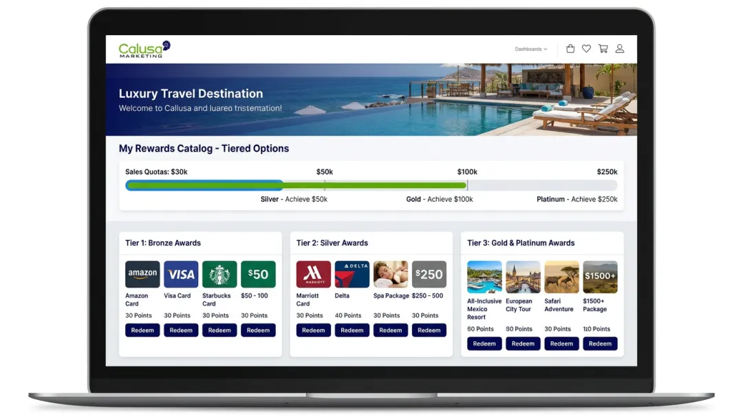 Tiered sales incentive rewards catalog featuring gift cards and travel packages