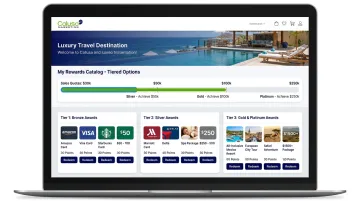 Tiered sales incentive rewards catalog featuring gift cards and travel packages