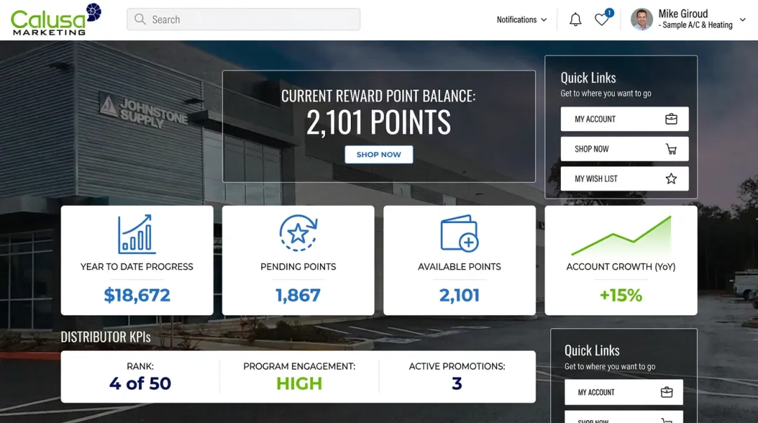 Calusa Marketing points-based dealer incentive program dashboard interface
