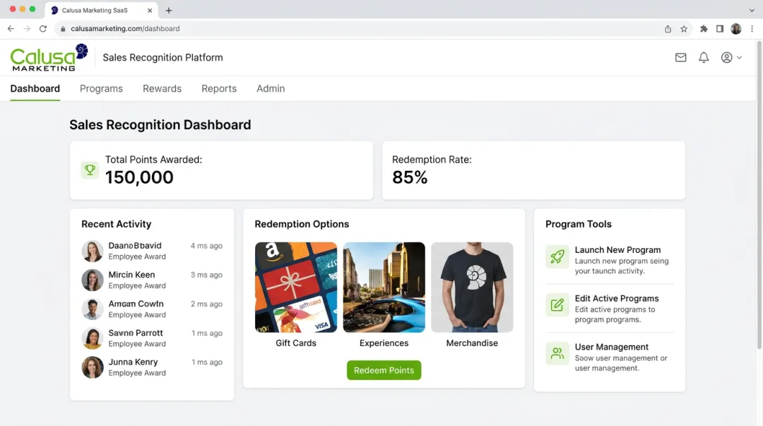 Calusa Marketing no-download SaaS dashboard for sales recognition programs