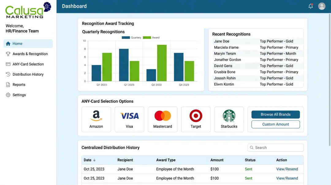 Calusa Marketing gift card rewards platform dashboard interface screenshot