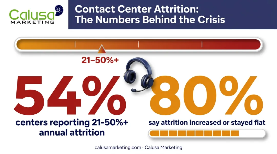 Call center annual attrition rate statistics showing 21 to 50 percent turnover
