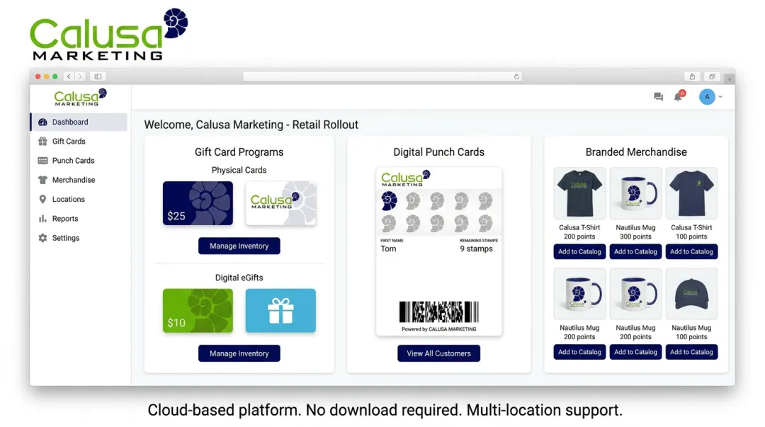 Cloud-based retail employee reward platform showing gift card and merchandise catalog options