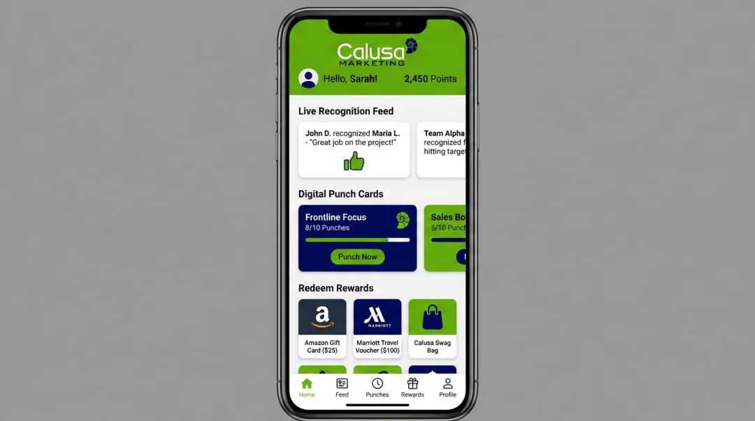 Calusa Marketing reward platform interface showing employee recognition and incentive features