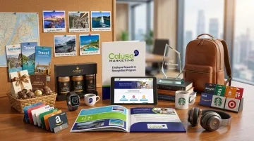 Employee recognition rewards program showing gift cards and travel incentives