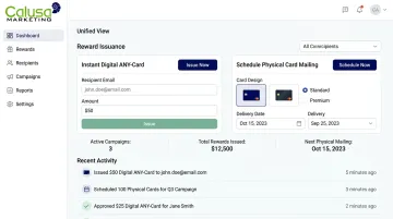 Calusa Marketing hybrid reward platform dashboard managing digital and physical gift cards