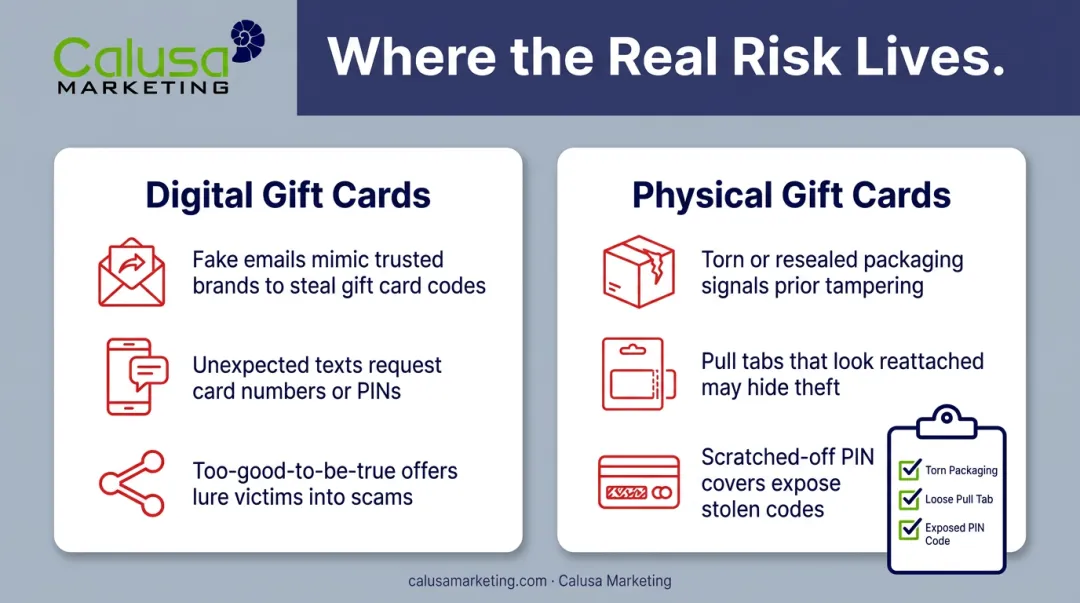 Digital versus physical gift card security risks side-by-side comparison