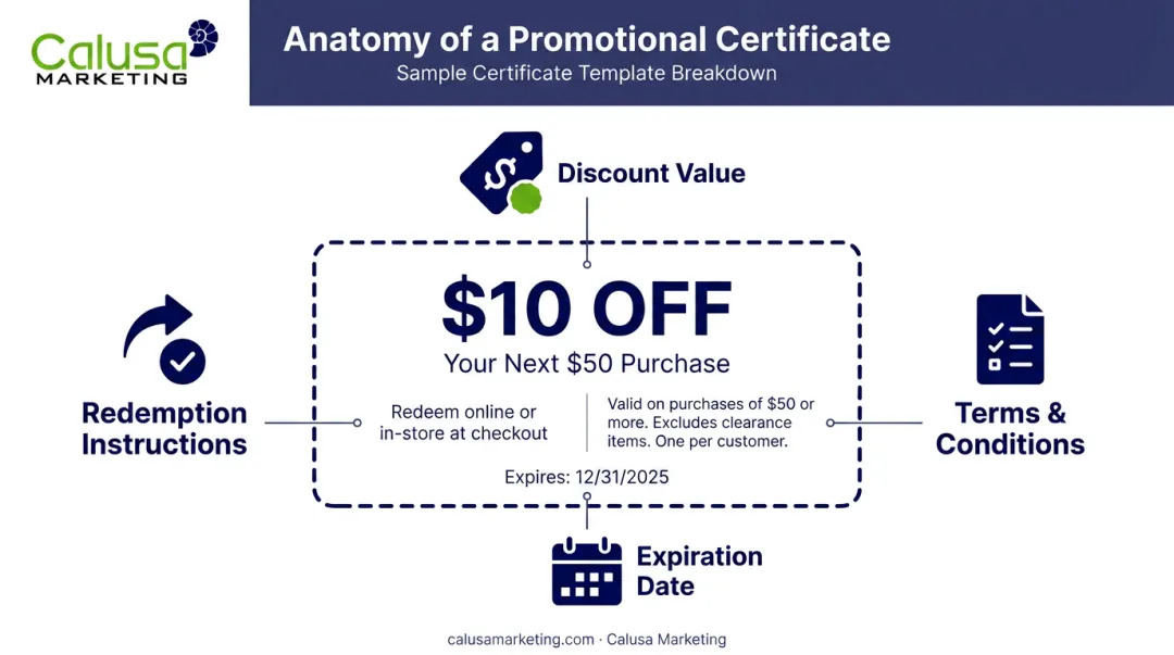 Anatomy of a promotional certificate showing value terms and expiration date