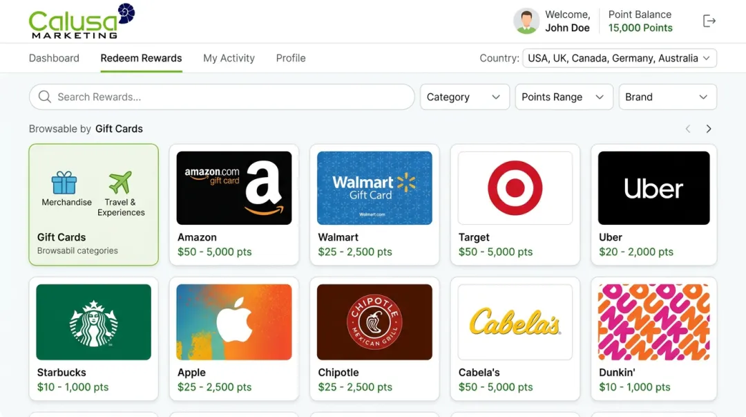 Cloud-based SaaS rewards platform displaying branded merchandise and travel catalog
