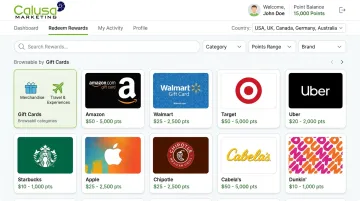 Cloud-based SaaS rewards platform displaying branded merchandise and travel catalog