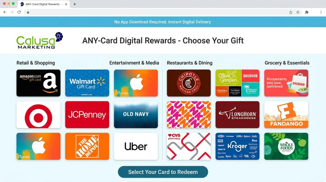 Calusa Marketing ANY-Card digital reward selection interface screenshot