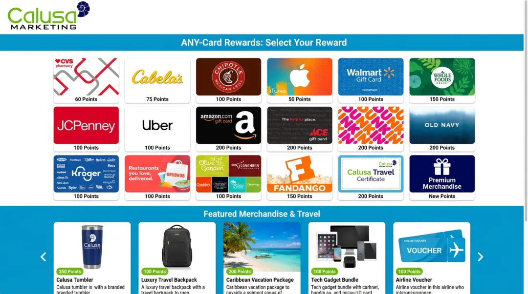 Calusa Marketing ANY-Card rewards catalog with gift cards and travel options