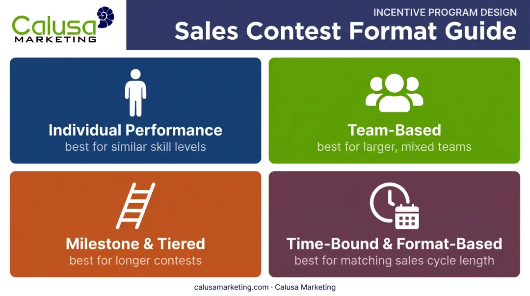 Four sales contest format types compared by structure and best use case