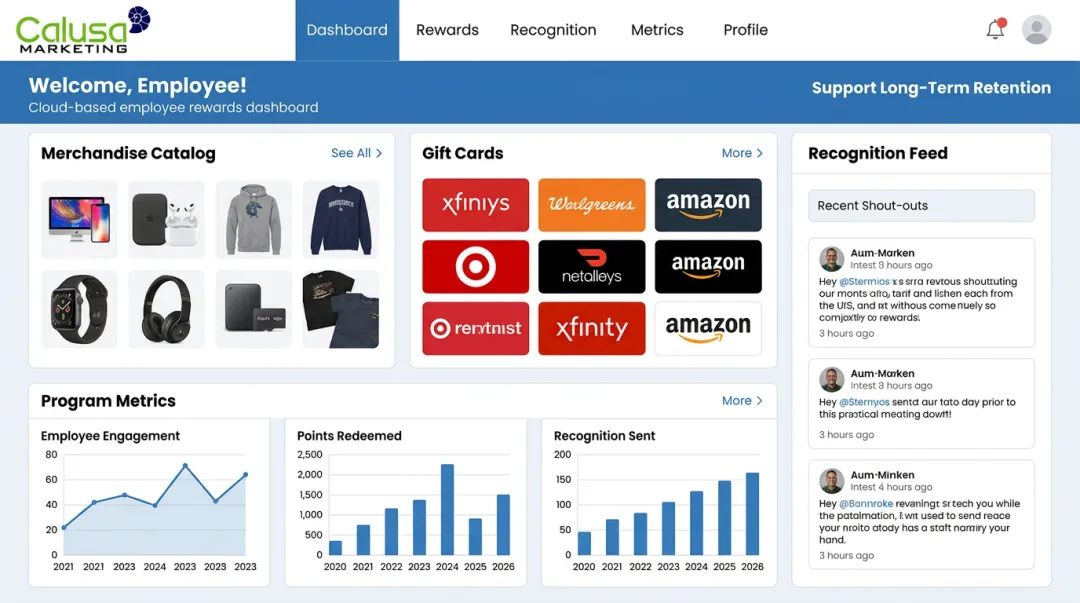 Calusa Marketing employee engagement and rewards platform dashboard interface
