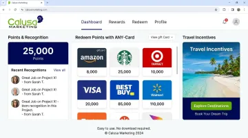 Calusa Marketing cloud-based rewards platform showing gift card and travel incentive options