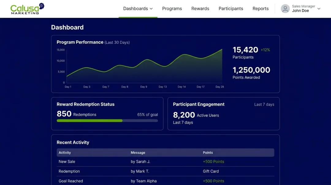 Incentive marketing platform dashboard showing loyalty program tracking and rewards