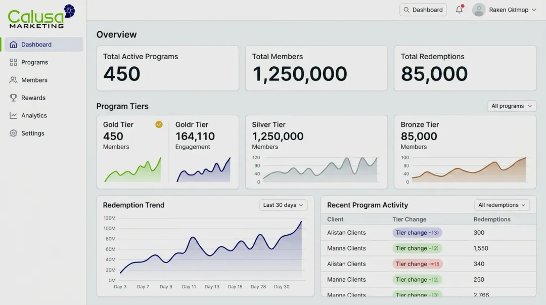 Calusa Marketing SaaS dashboard managing multi-tier loyalty programs