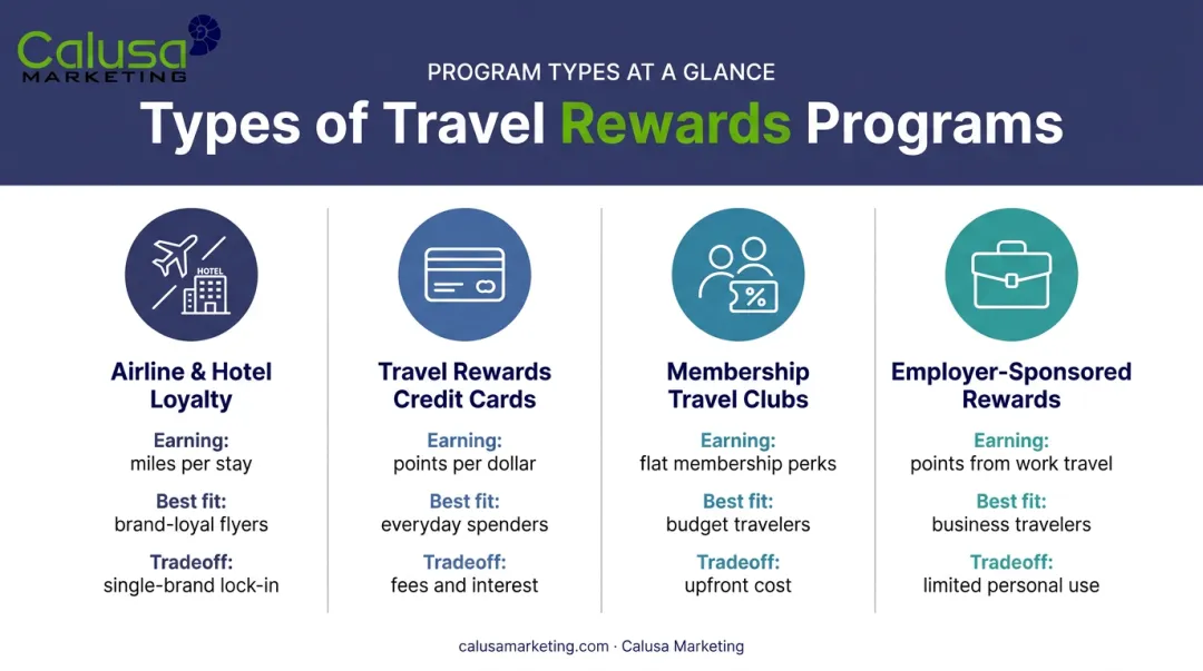 Four types of vacation rewards programs comparison chart with key features