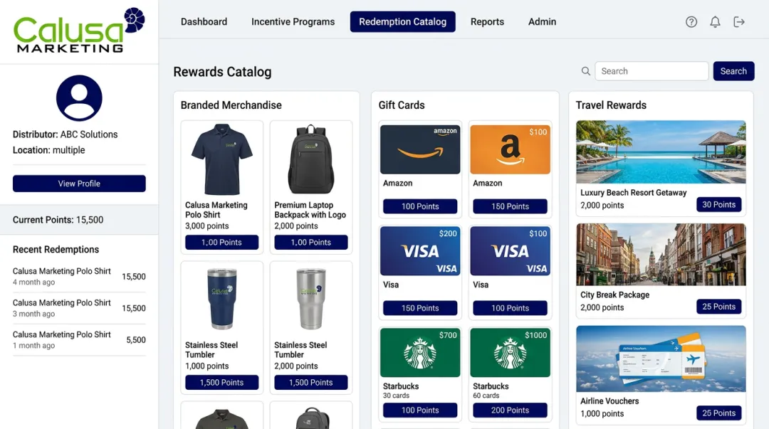 Calusa Marketing incentive platform dashboard displaying rewards catalog and redemption options