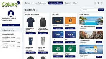 Calusa Marketing incentive platform dashboard displaying rewards catalog and redemption options