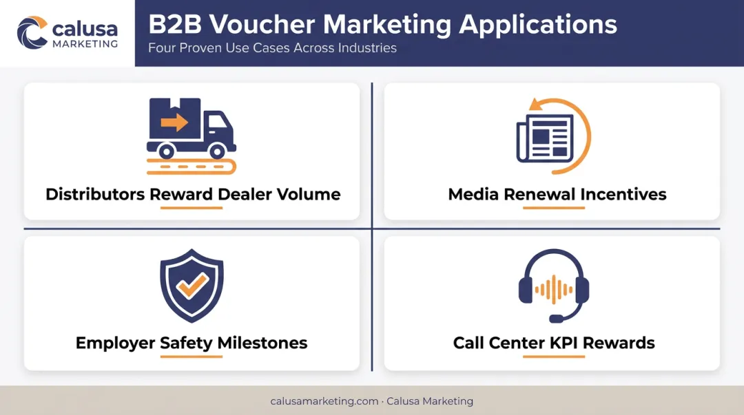 Four B2B voucher marketing use cases across industries icon grid