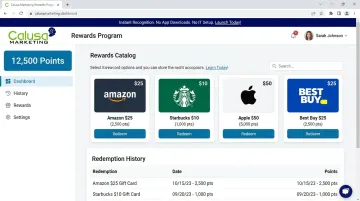Employee recognition rewards platform showing points catalog and gift card options