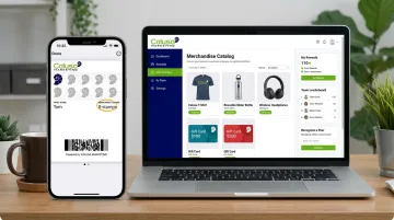 Employee recognition platform interface displaying digital punch cards and rewards catalog