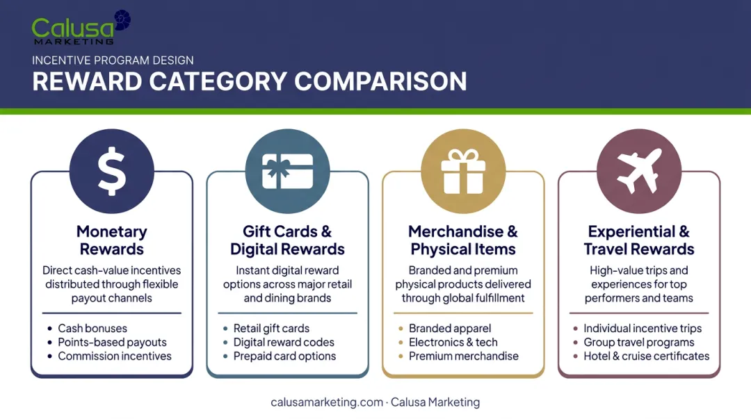 Four types of tangible rewards comparison monetary gift cards merchandise travel