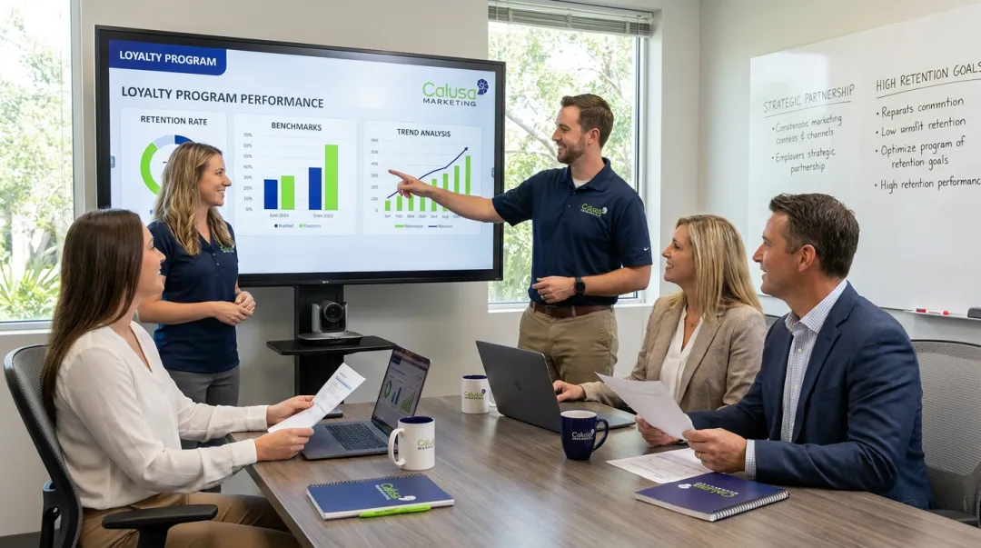 Calusa Marketing team reviewing loyalty program performance dashboard together