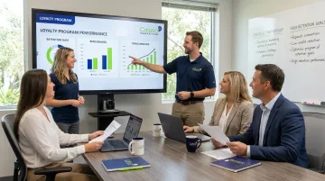 Calusa Marketing team reviewing loyalty program performance dashboard together