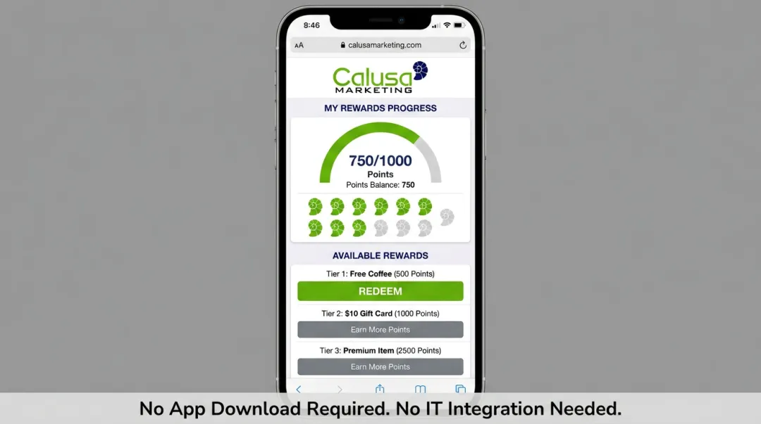 Calusa Marketing digital rewards platform interface with punch card and points tracker