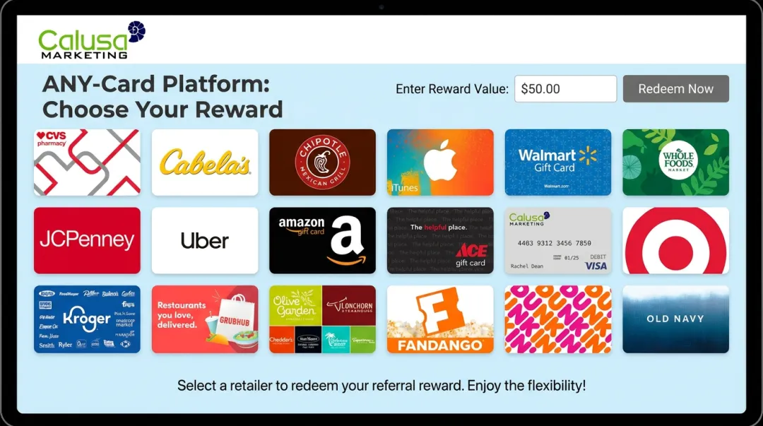 Flexible ANY-Card gift card reward selection interface for referral programs