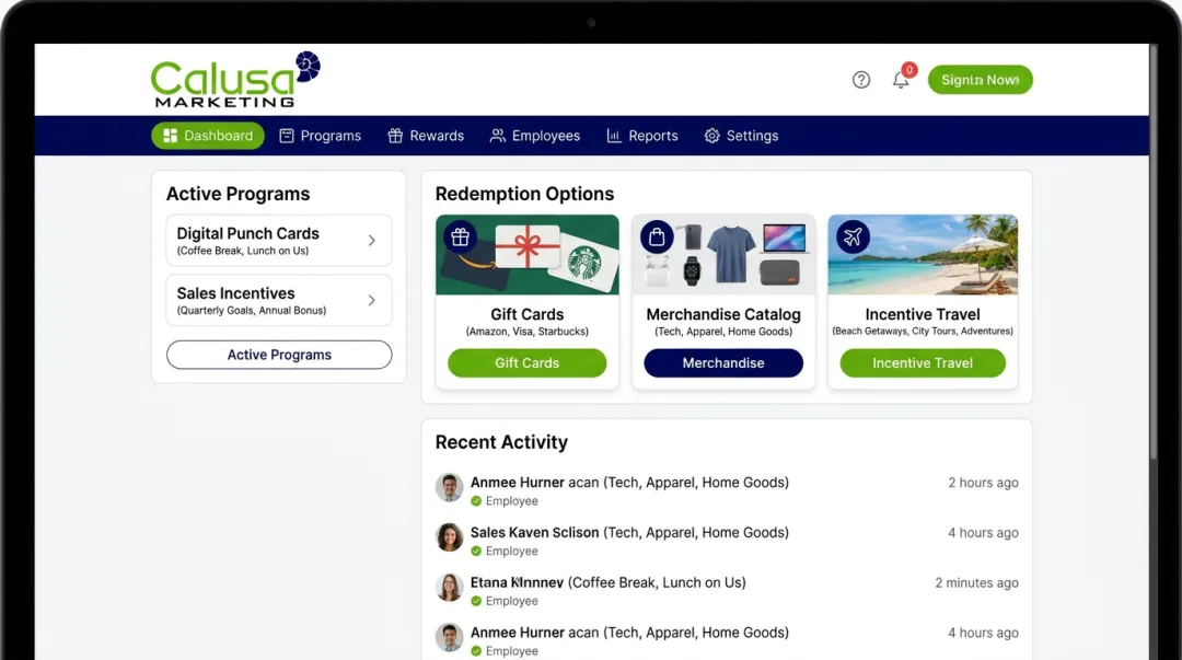 Calusa Marketing employee rewards platform dashboard showing recognition and incentive tools