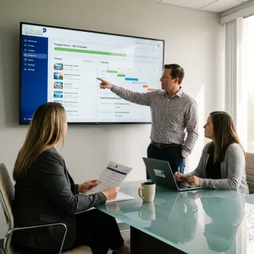 Team reviewing corporate retreat venue plans