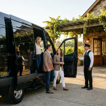 Luxury shuttle arriving at vineyard tasting room