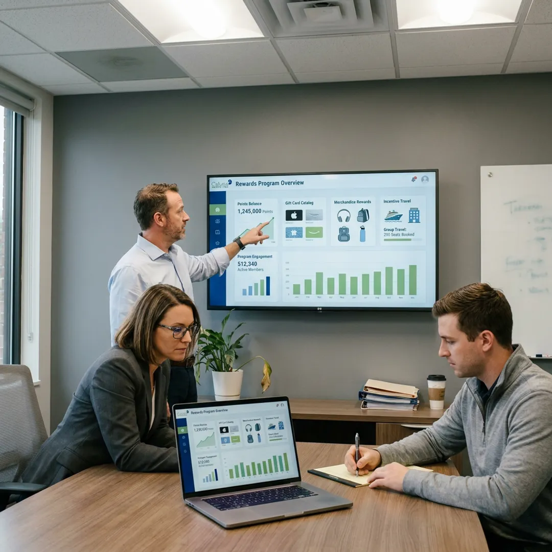 Rewards program team reviewing incentive strategy