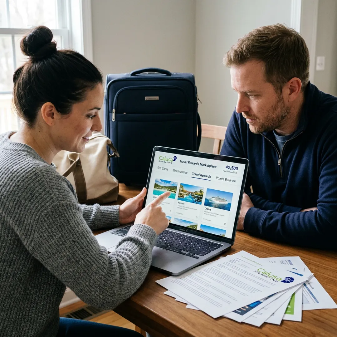 Couple reviewing travel reward options