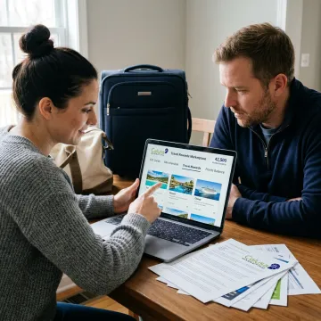 Couple reviewing travel reward options