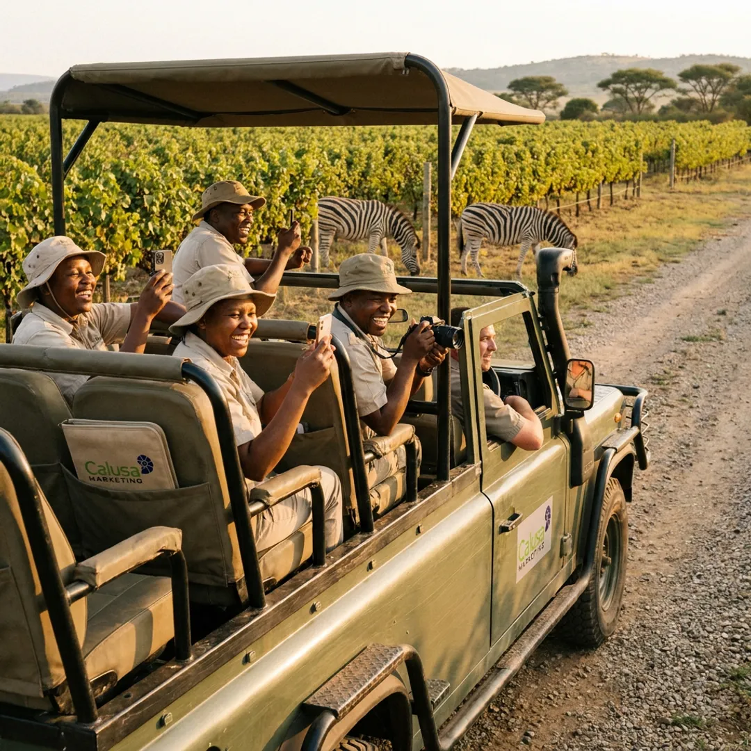 Employees celebrating a recognition trip at a safari winery