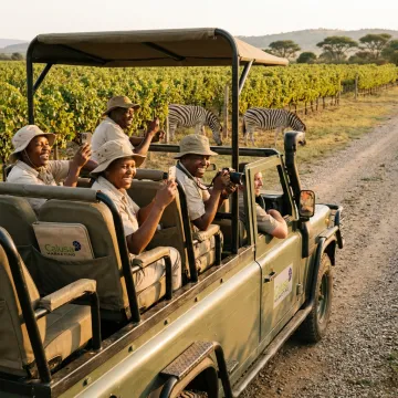 Employees celebrating a recognition trip at a safari winery