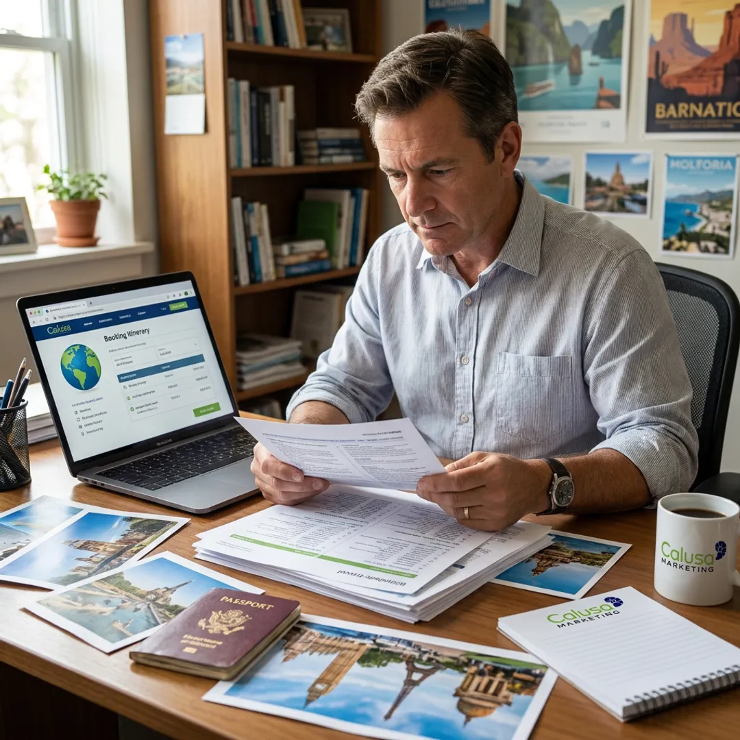 Travel consultant reviewing vacation itinerary