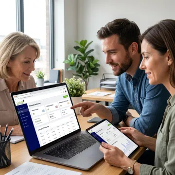 Team reviewing digital voucher program dashboard