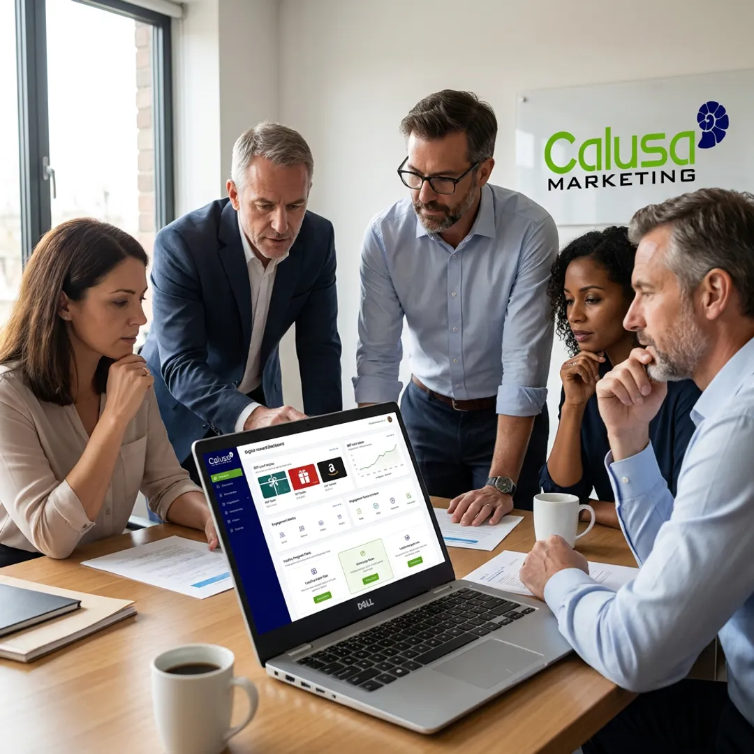 Team reviewing customer engagement rewards program