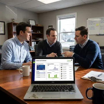 Marketing team reviewing cardholder loyalty rewards dashboard
