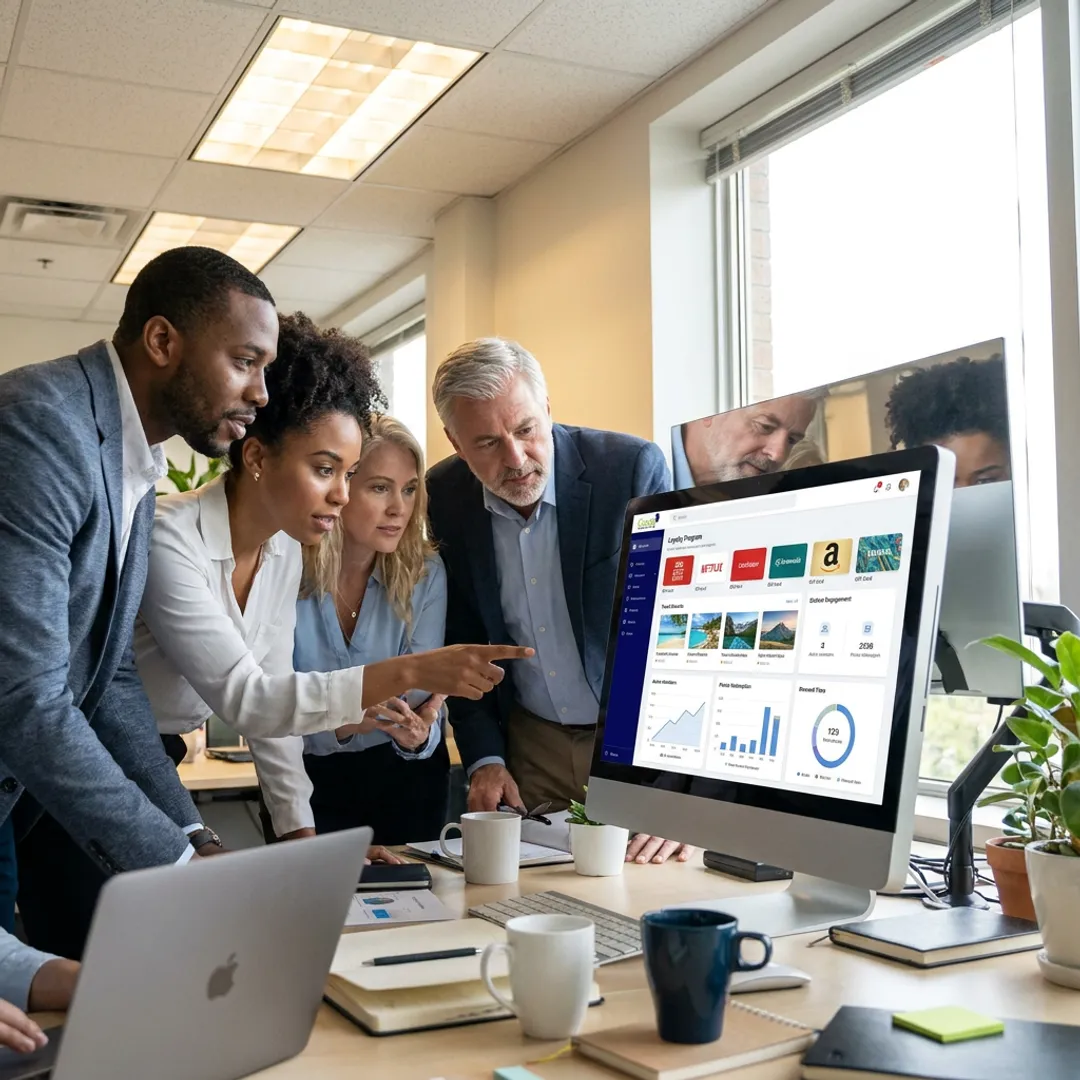 Incentive marketing team reviewing loyalty rewards dashboard