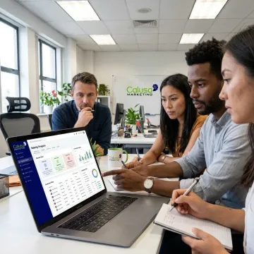 Team reviewing digital referral loyalty program dashboard