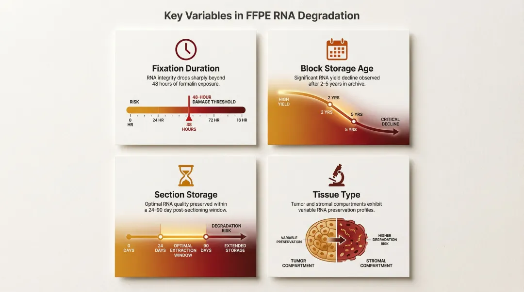Four FFPE RNA degradation factors fixation storage section age tissue type comparison