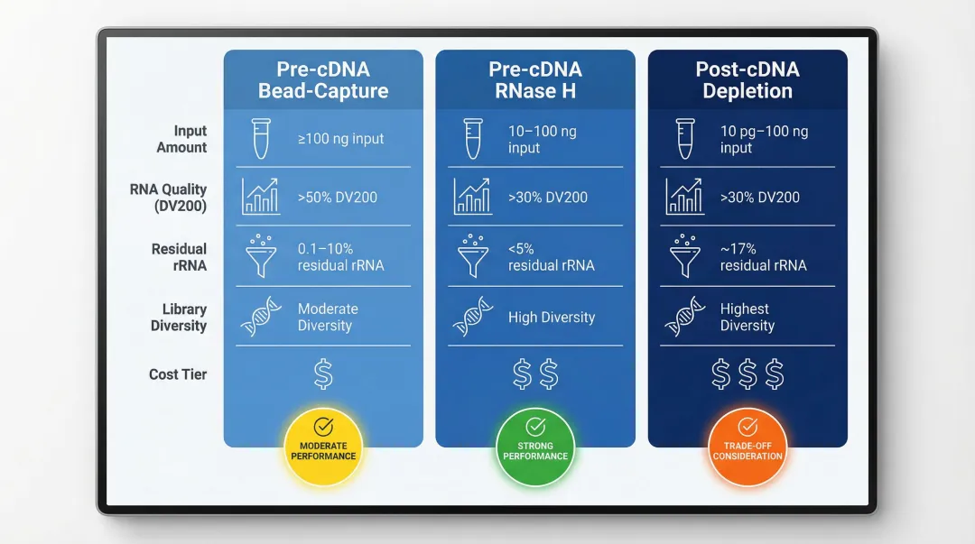 Three rRNA depletion method comparison table input range residual rRNA transcript diversity
