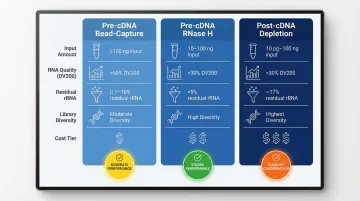 Three rRNA depletion method comparison table input range residual rRNA transcript diversity